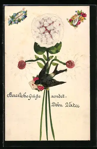 Papierkunst-AK Blumen gezeichnet und aufgeklebt, Brieftaube