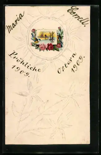 Papierkunst-AK Motiv mit Vögel und Rosen, Blumen zu Ostern von Maria Correll 1909