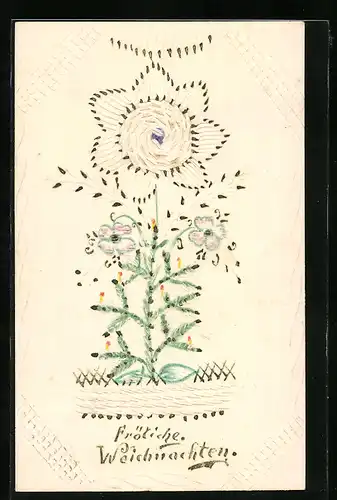 Papierkunst-AK Hübsche Blume mit Tannenzweigen und gezeichneten Details