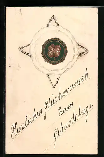 Papierkunst-AK geklebte Blume mit gezeichnetem Stern, Kleeblatt