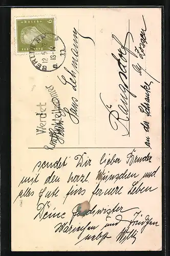 Papierkunst-AK geklebte Blume mit gezeichnetem Stern, Kleeblatt