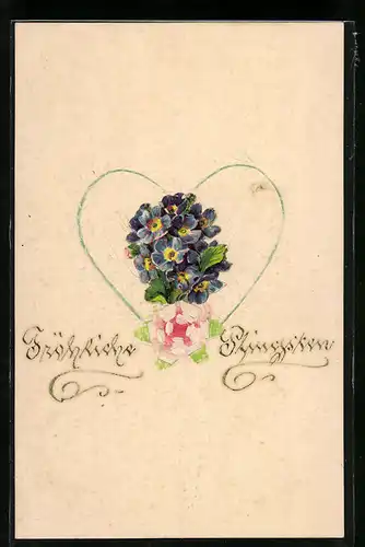 Papierkunst-AK gezeichnetes Herz mit aufgeklebten Blumen