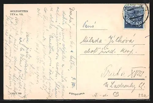 AK Moldautein, Flusspartie mit Kirchturm