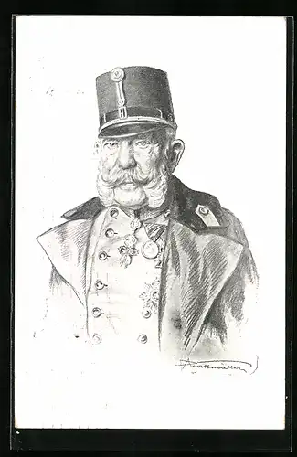 Künstler-AK Kaiser Franz Josef I. von Österreich mit Schirmkappe