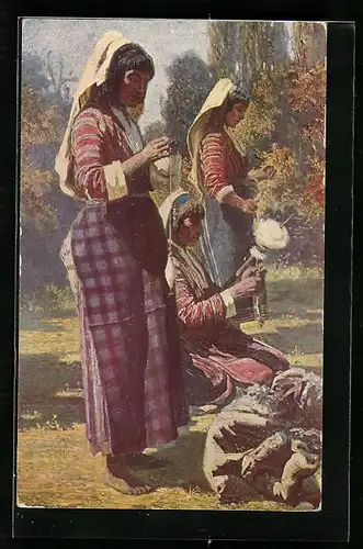 Künstler-AK Frauen beim Spinnen in bulgarischer Tracht