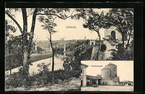 AK Znaim a.d. Thaya, Stadttotale mit der Brücke über den Fluss, der Heidentempel