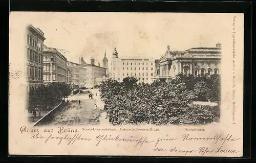 AK Brünn, Staats-Oberrealschule mit Industrie-Beamten-Palais und Stadttheater