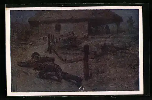 AK Nr.: 435, Rotes Kreuz, Österreichische Armee, Zugsführer mit Sprengbüchse am Rücken schleicht an ein Russenhaus