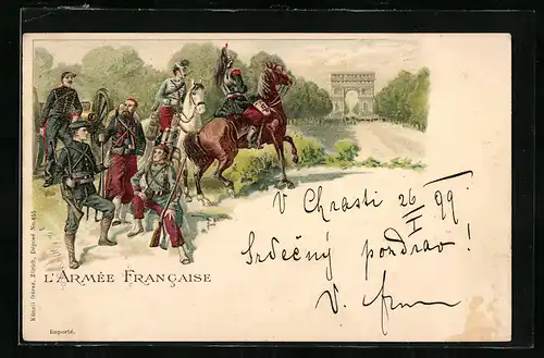AK französischer Dragoner, Soldaten der Infanterie und Artillerie und Zuave in Uniform mit Gewehr