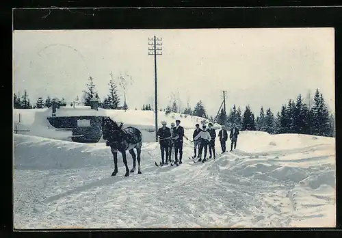 AK Skifahrer mit Pferdegespann im Schnee, Pferdesport
