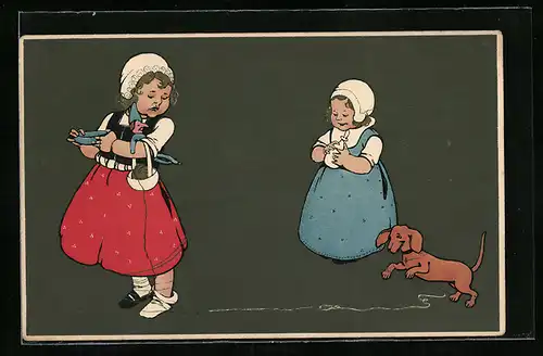 AK Zwei Mädchen mit Futter, Puppe und Dackel