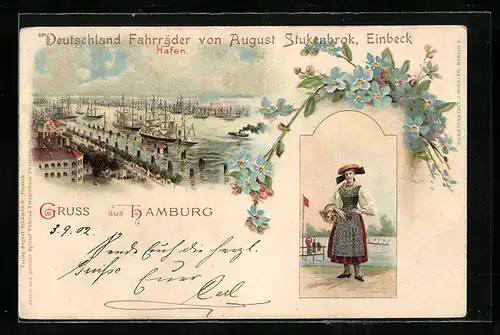 Lithographie Hamburg, Hafen aus der Vogelschau, Frau in Tracht