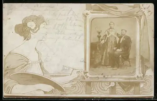 Foto-AK Elegantes Ehepaar am Tisch, Frau an der Staffelei im Jugendstil, Passepartout