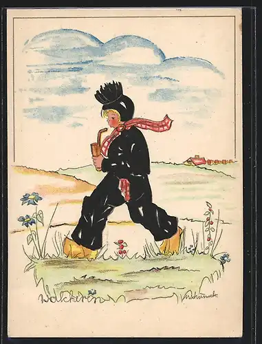 AK Junger Mann in hessischer Tracht mit Tabakspfeife