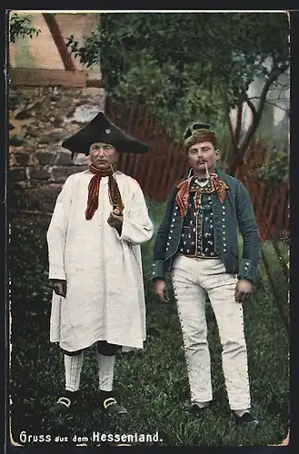 AK Zwei Männer mit Pfeife aus dem Hessenland, hessische Tracht
