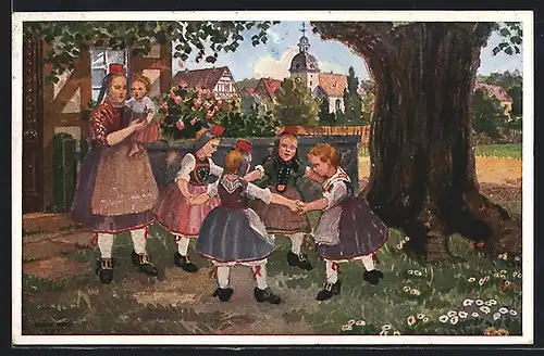 Künstler-AK hessische Trachten, Kinder beim Tanz