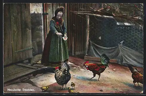 AK Mädchen füttert die Hühner, hessische Tracht