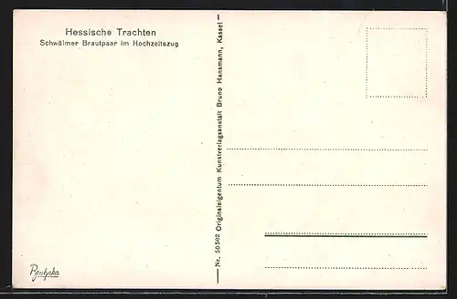 AK Schwälmer Brautpaar im Hochzeitszug, Hessische Trachten