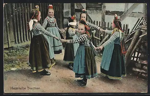AK Mädchen tanzen Ringelreihen, Hessische Trachten