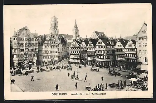 AK Stuttgart, Marktplatz mit Geschäften und Stiftskirche