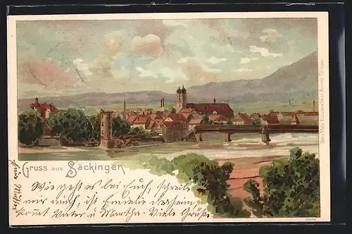 Lithographie Säckingen, Uferpartie mit Kirche