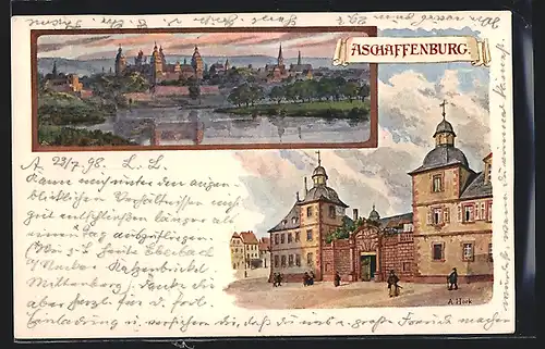 Künstler-AK Aschaffenburg, Ortsansicht, Partie am Tor