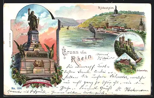 Lithographie Rüdesheim am Rhein, Nationaldenkmal, Schweizerhaus, Rheinstein