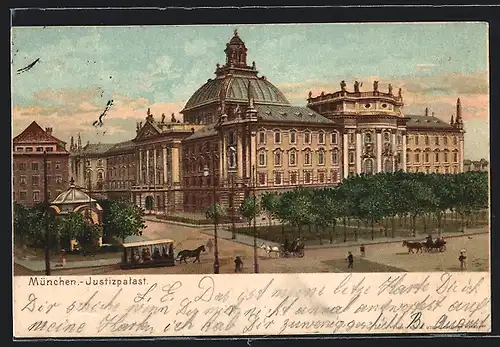 AK München, Pferdebahn am Justizpalast