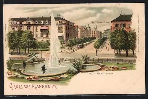 Lithographie Mannheim, Heidelberger-Strasse, Platz vor dem Wasserthurm