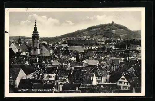 AK Karlsruhe, Blick zum Turmberg über die Dächer der Stadt