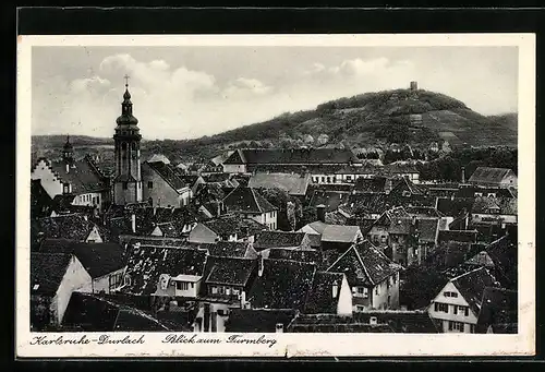 AK Karlsruhe, Blick zum Turmberg über die Dächer der Stadt