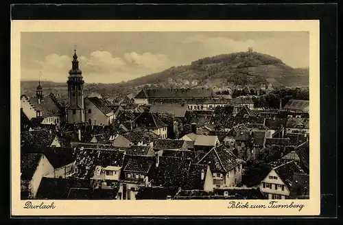 AK Karlsruhe, Blick zum Turmberg über die Dächer der Stadt