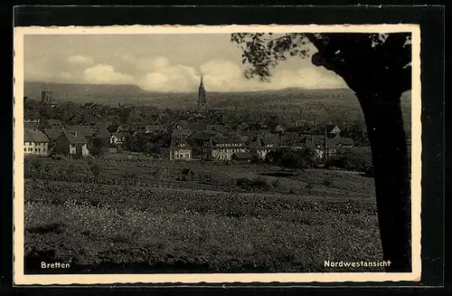 AK Bretten, Ortspartie mit Kirche und Baum