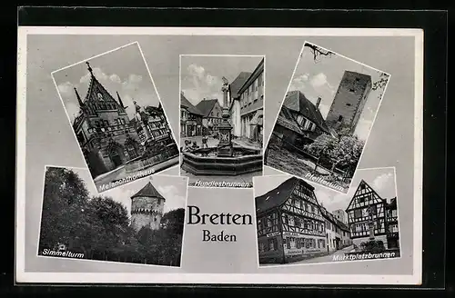 AK Bretten /Baden, Hotel Krone und Marktplatzbrunnen, Melanchthonhaus, Hundlesbrunnen
