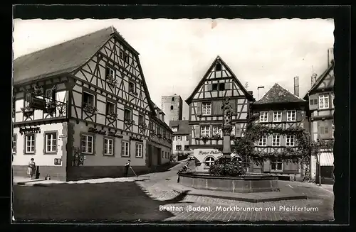 AK Bretten /Baden, Hotel Krone mit Pfeifferturm und Marktbrunnen