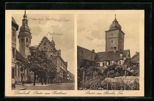 AK Durlach, Strassenpartie am Rathaus, Basler Tor