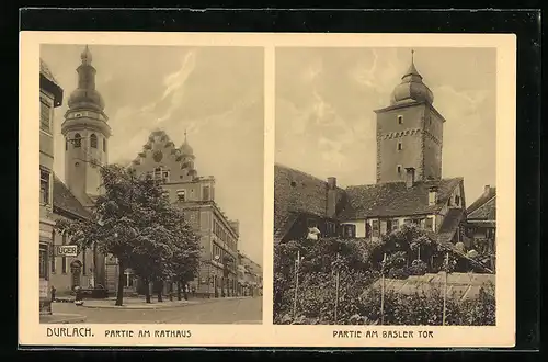 AK Durlach, Strassenpartie am Rathaus, Basler Tor