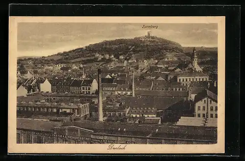 AK Durlach, Badische Maschinenfabrik & Eisengiesserei mit Blick zum Turmberg