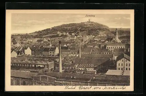 AK Durlach, Badische Maschinenfabrik & Eisengiesserei mit Blick zum Turmberg