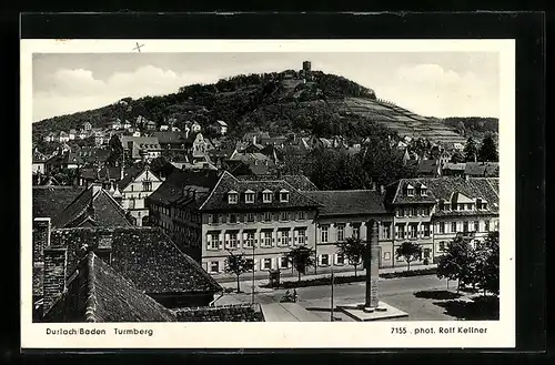 AK Durlach /Baden, Blick auf den Turmberg mit Denkmal