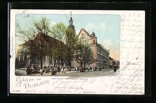 Lithographie Durlach, Marktplatz mit prot. Kirche und Rathaus