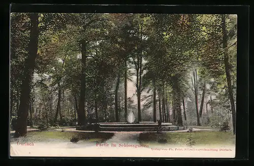 AK Durlach, Partie im Schlossgarten mit Brunnen