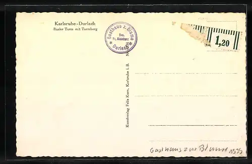 AK Karlsruhe-Durlach, Basler Turm mit Turmberg