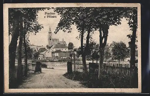 AK Pribor, Ortspartie mit Kirche