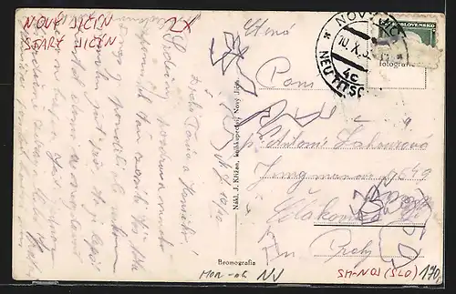 AK Nový Jicín, Ruine, Kirche, Strassenpartie