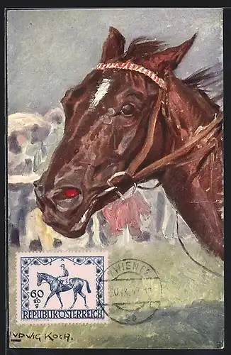 Künstler-AK Ludwig Koch: Portrait eines Pferdes auf Trabrennbahn, Detail