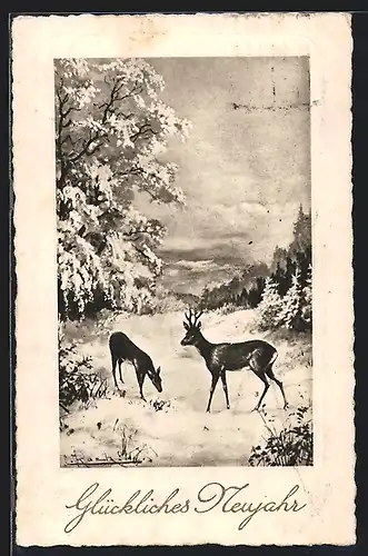 Künstler-AK Ludwig Koch: Rehe im Winter, Neujahrsgruss