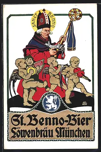 Künstler-AK Otto Obermeier: Brauerei-Werbung St. Benno-Bier, Löwenbräu München, Hl. Benno