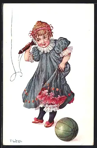 Künstler-AK T. Welzl: Telefonierendes kleines Mädchen, Ball
