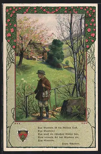 Künstler-AK T. Welzl: Das Wandern ist des Müllers Lust..., junger Wanderer am Ortsrand, Deutscher Schulverein